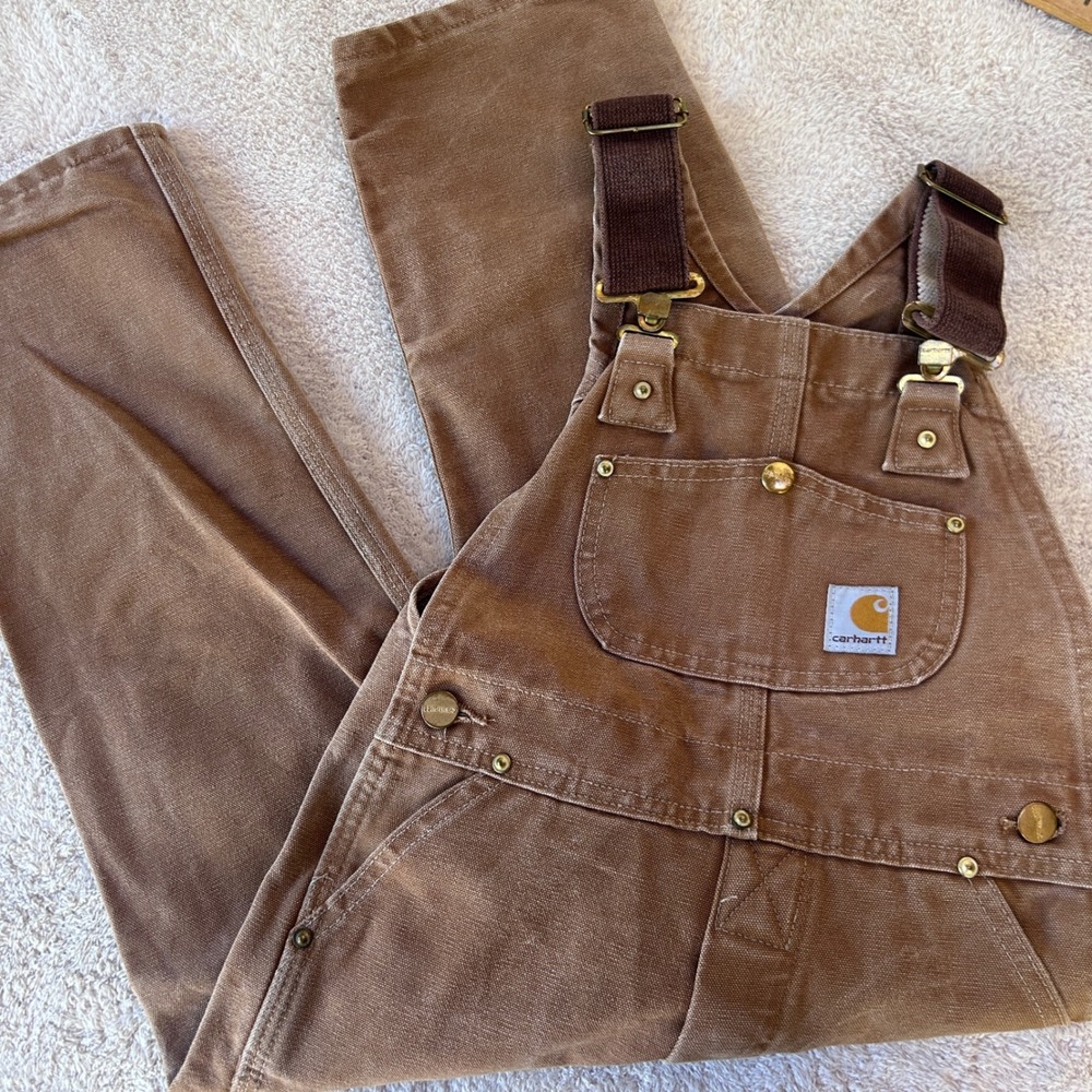 Vintage Carhartt Brown Duck Canvas Double Knee Bib Overalls USA Made Youth Small